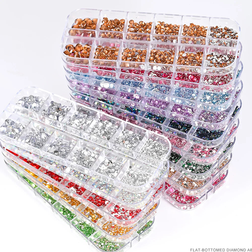 12-Grid Mixed Nail Rhinestones SS6-SS30 – Shiny Flat-Back Gems in Clear, Gold, Pink & Blue for Nail Art Decoration