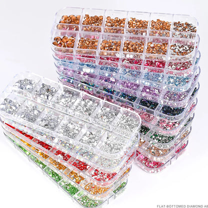 12-Grid Mixed Nail Rhinestones SS6-SS30 – Shiny Flat-Back Gems in Clear, Gold, Pink & Blue for Nail Art Decoration