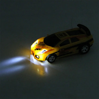 Coke Can Mini RC Car — Battery-Operated Plastic Remote Control Racing Vehicle with Roadblocks, Micro Racing Toy for Kids & Boys