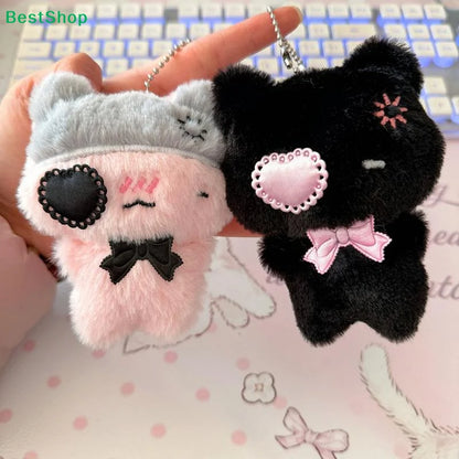 Cute Plush Cat Keychain - Kawaii Kitten Pendant with Heart Patch Bow Charm for Bag Decoration & Accessories