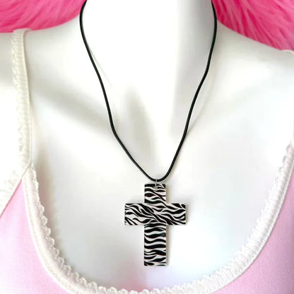 Y2K Leopard Zebra Cross Necklace - Kawaii Goth Punk Acrylic Jewelry for Women