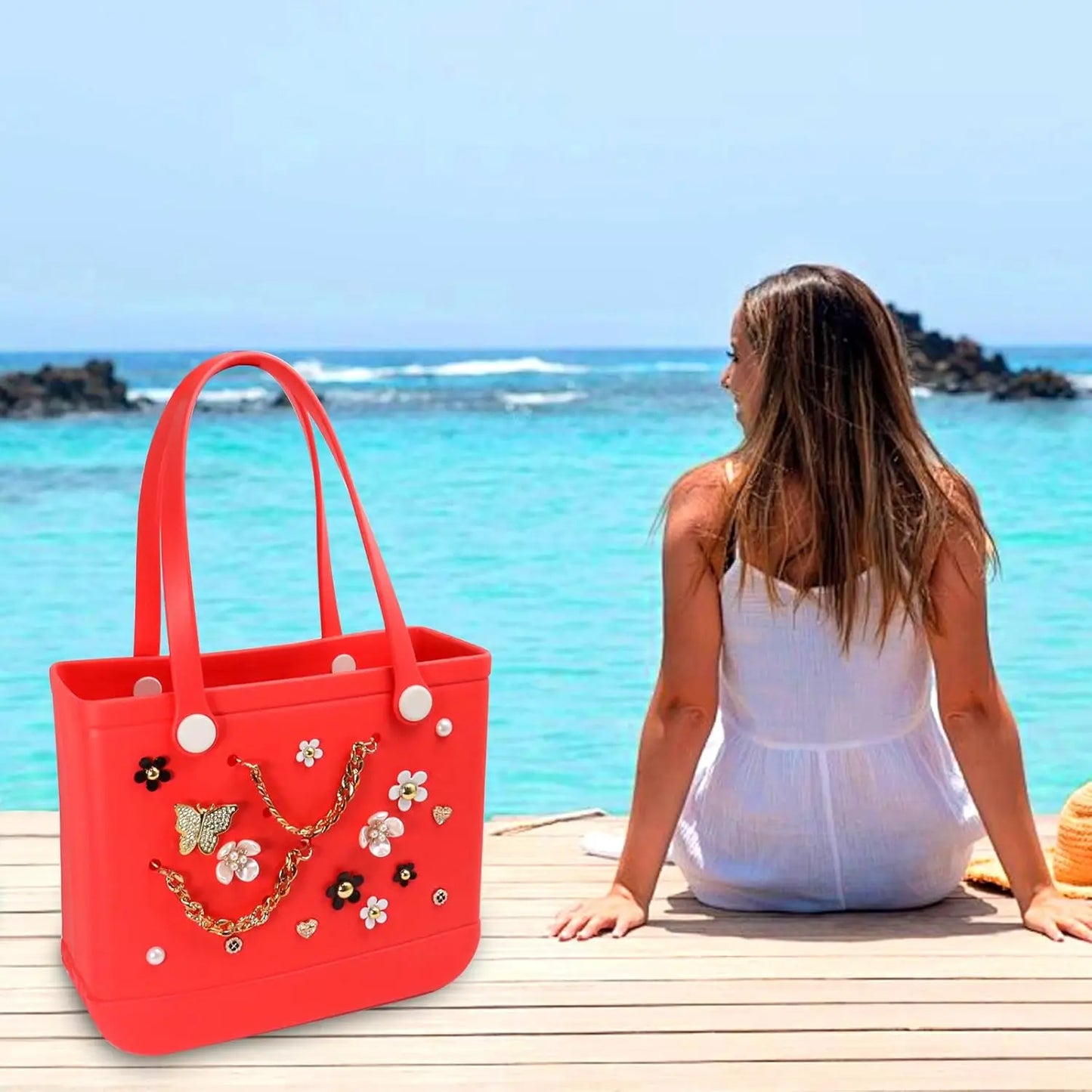 20PCS Beach Bag Charms Set – Pearl, Butterfly & Flower Decorative Accessories for Bo Bag, Stylish Compatible Clip-On Bag Charms