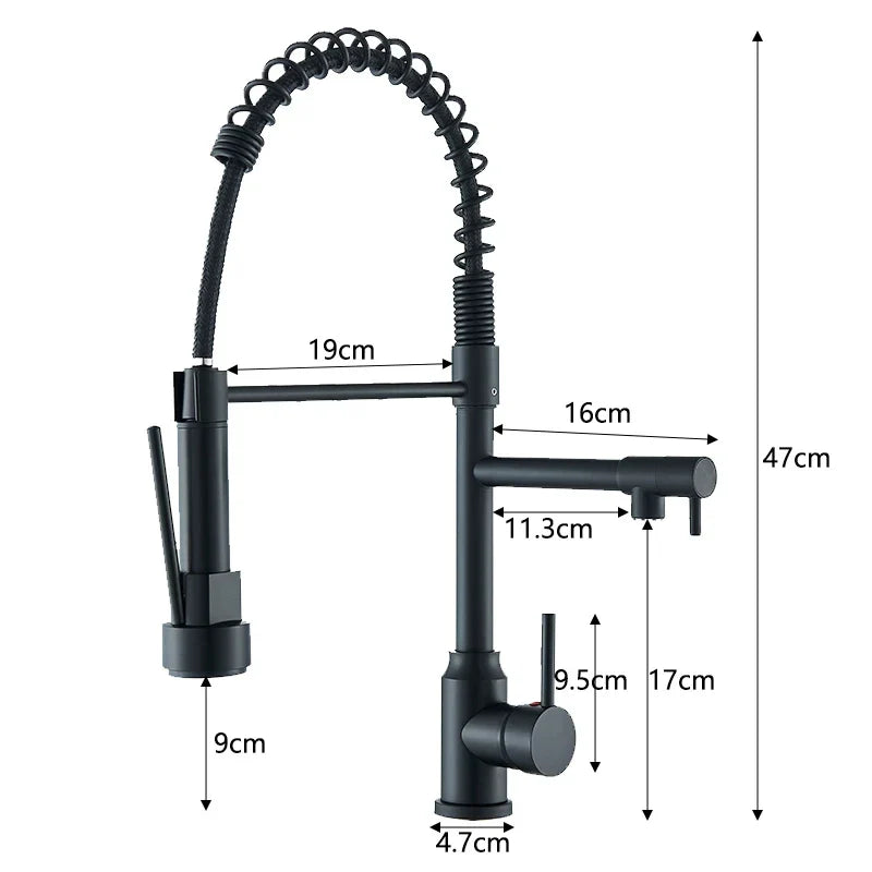 Black Kitchen Sink Faucet - Pull-Down Hot & Cold Water Mixer, 2-Mode Tap with Dual Spout, 360° Rotation, Flexible Deck Mounted