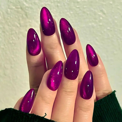 24PCS Glossy Red Cat Eye Press-On Nails Almond Full Cover Reusable Fake Nail Set