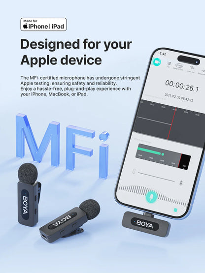 BOYA BY-V3 Wireless Lavalier Lapel Microphone – Noise-Cancelling Rechargeable Mic for iPhone, Android, Camera & Vlogging