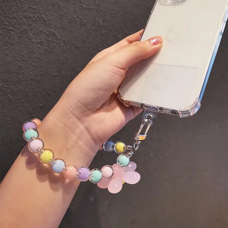 Colorful Macaron Round Bead Phone Anti-Lost Lanyard - Short Wrist Keychain Pendant, Women's Hand-Held Mobile Phone Chain