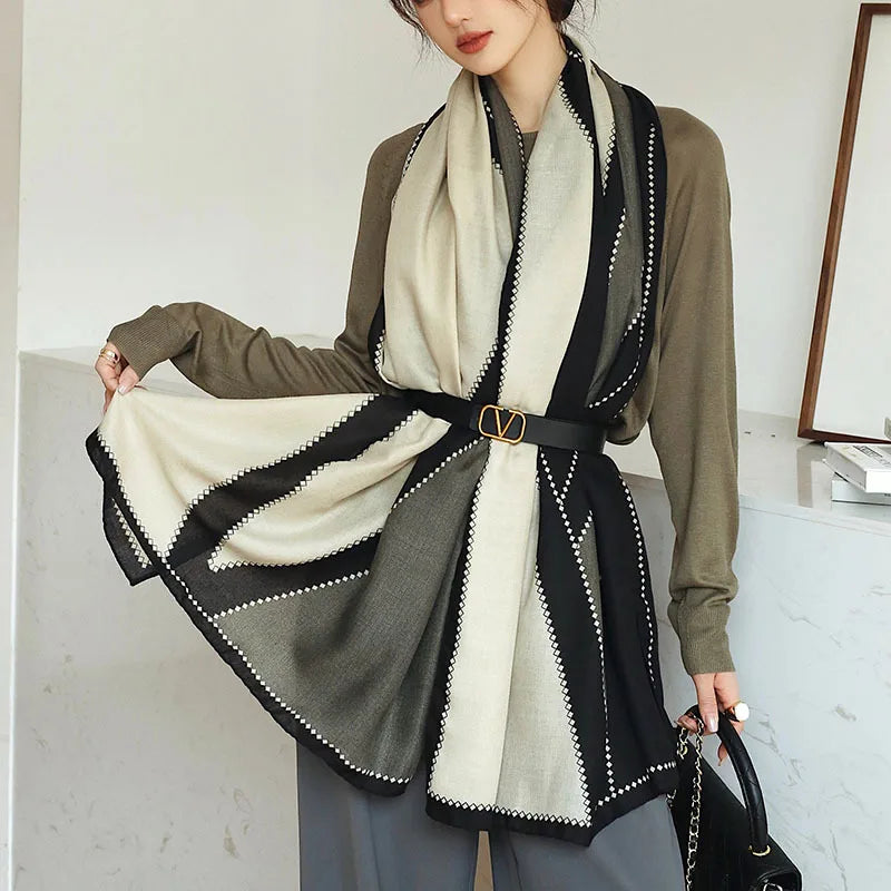 Winter Warm Cotton-Linen Pashmina Scarf for Women – Plain Stripe with Tassels – Hijab Shawl Wrap Bandana – New