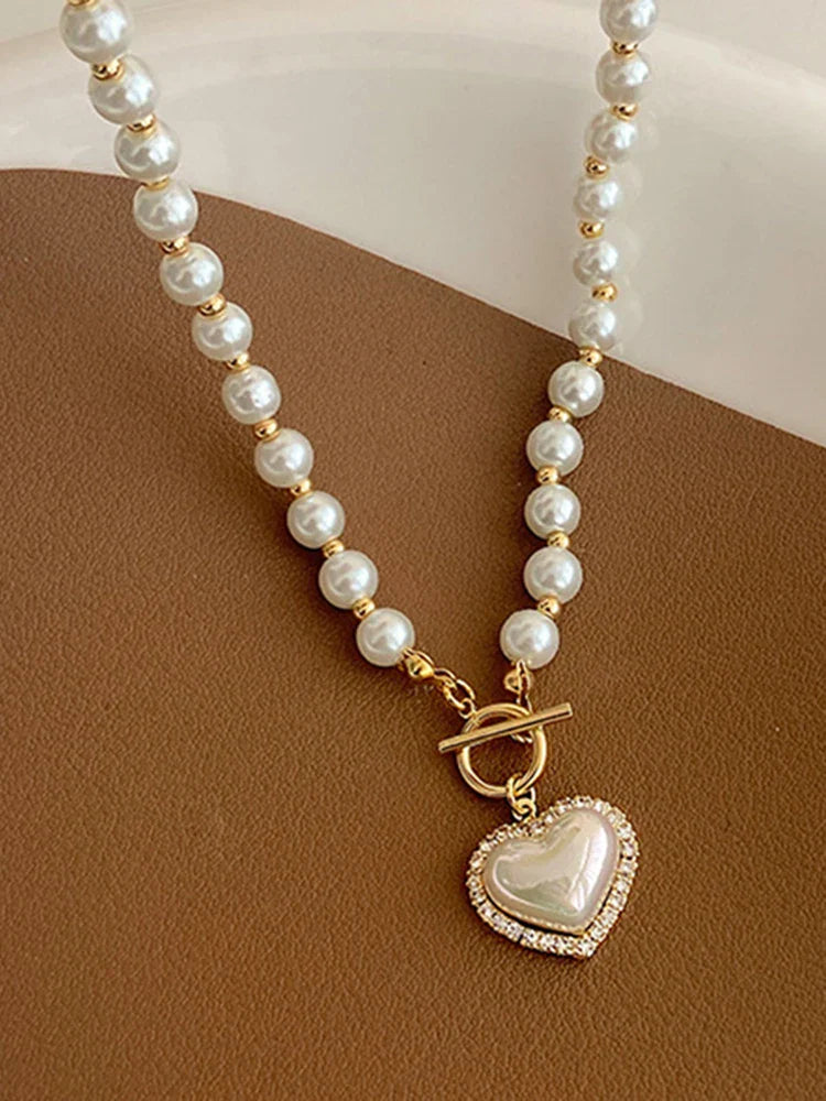 Elegant Pearl Necklace for Women – Heart Pendant Luxury Imitation Pearls Chain, Korean Jewelry Gift for Girls