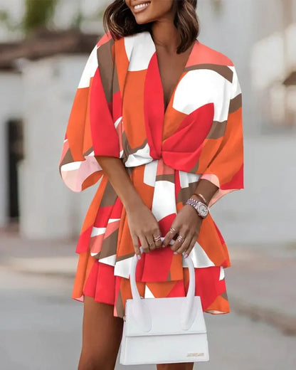 Women’s Sexy V-Neck Ruffle Mini Dress – Summer Boho Floral Batwing Sleeve Beach Party Dress