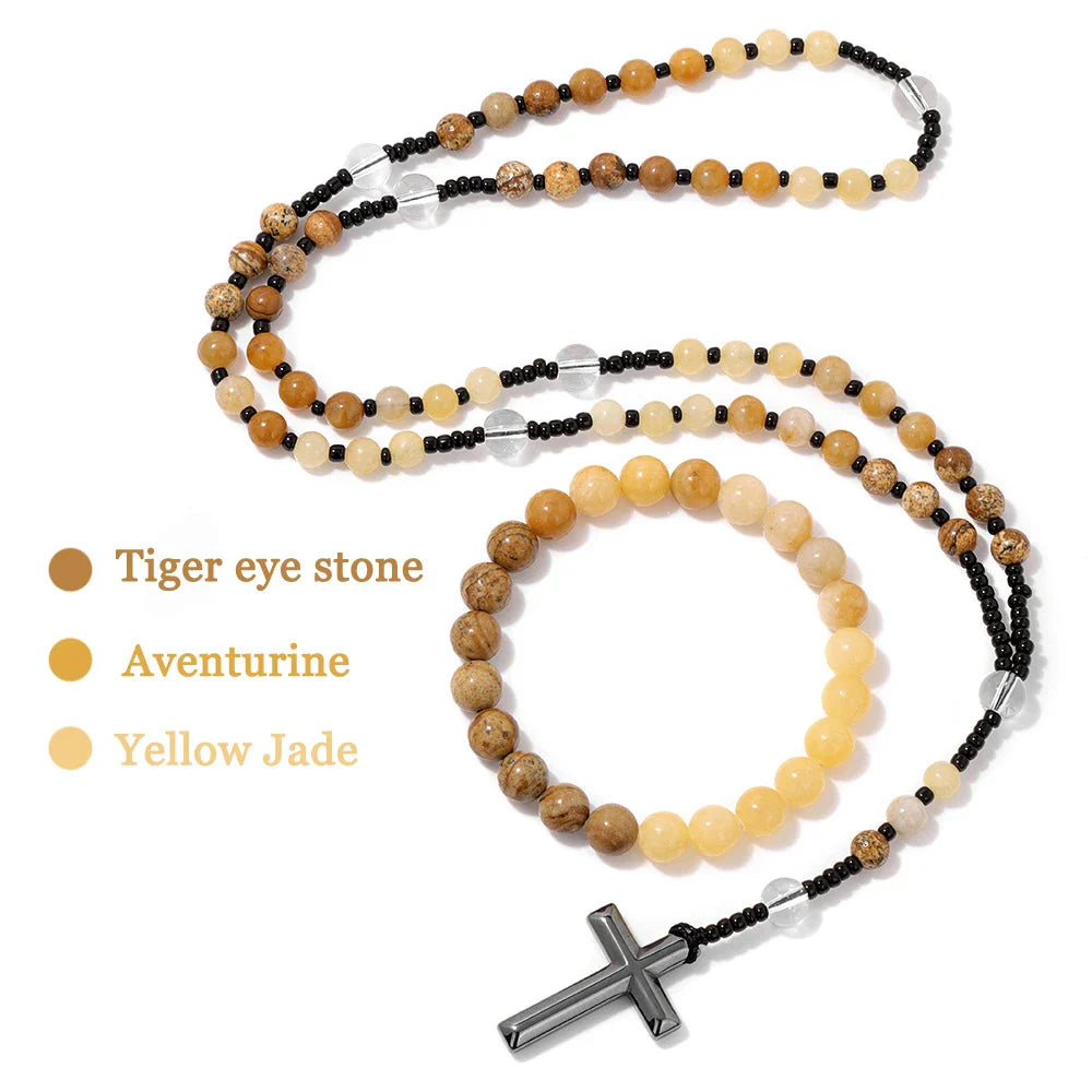 6mm Tiger Eye Rosary Beads Necklace – Catholic Jesus & Virgin Mary Pendant Long Knotted Chain Religious Jewelry for Men & Women