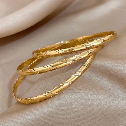 3Pcs Gold Plated Twist Stainless Steel Bangle Bracelet Set for Women – Waterproof Tibetan Buddha Stackable Wrist Jewelry