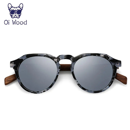 Oi Wood Round Sunglasses — Walnut Wood Frames with Red Lens & Tortoise Shell Design for Men & Women
