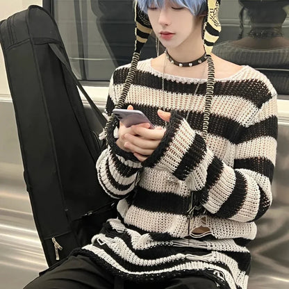 Anime NANA Okazaki Shinichi Cosplay Costume – Unisex Stripe Knitted Ripped Sweater for Autumn & Halloween