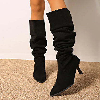 2025 Women’s Retro Black Suede Knee-High Boots – Pointed Toe, High Heel, Plus Size