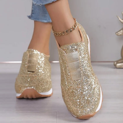 2024 Autumn Women’s Slip-On Low Heel Sneakers – Gold & Silver Casual Outdoor Walking Sport Shoes