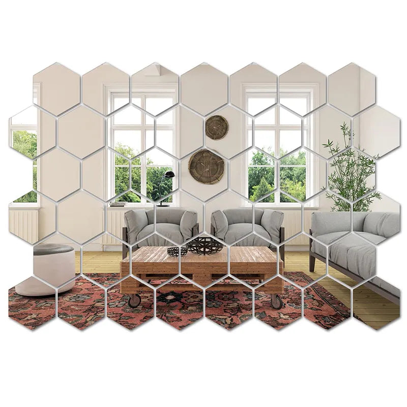 Hexagon Mirror Wall Stickers - 45pcs DIY Decorative Tiles for Home Decor