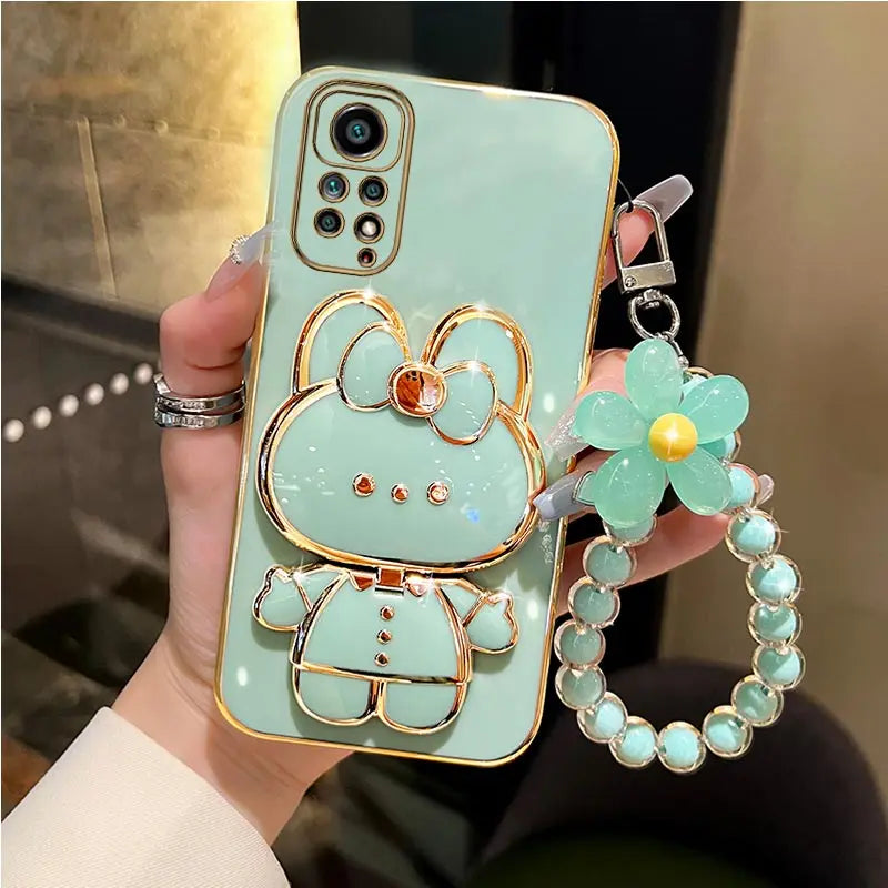 Mirror Rabbit Flower Strap Case for Xiaomi Redmi Note 11 / 12 / 10 / 9 Series – Pro Max Stand Phone Cover with Decorative Strap & Protective Design
