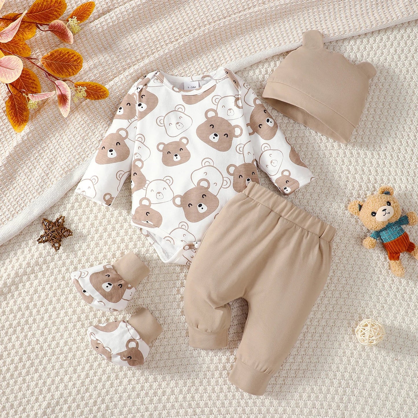 0-9 Months Baby Boy Set – Little Bear Long Sleeve Bodysuit, Pants, Hat & Socks for Spring & Autumn Newborns