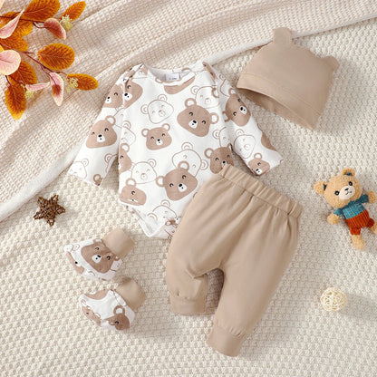 0-9 Months Baby Boy Set – Little Bear Long Sleeve Bodysuit, Pants, Hat & Socks for Spring & Autumn Newborns