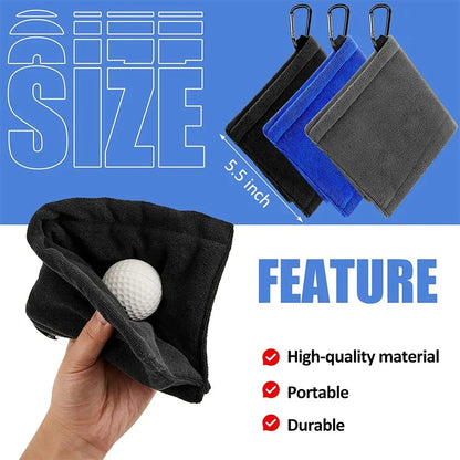 Square Microfiber Golf Ball Cleaning Towel – Water Absorbent Cloth with Carabiner Hook for Clubs and Balls