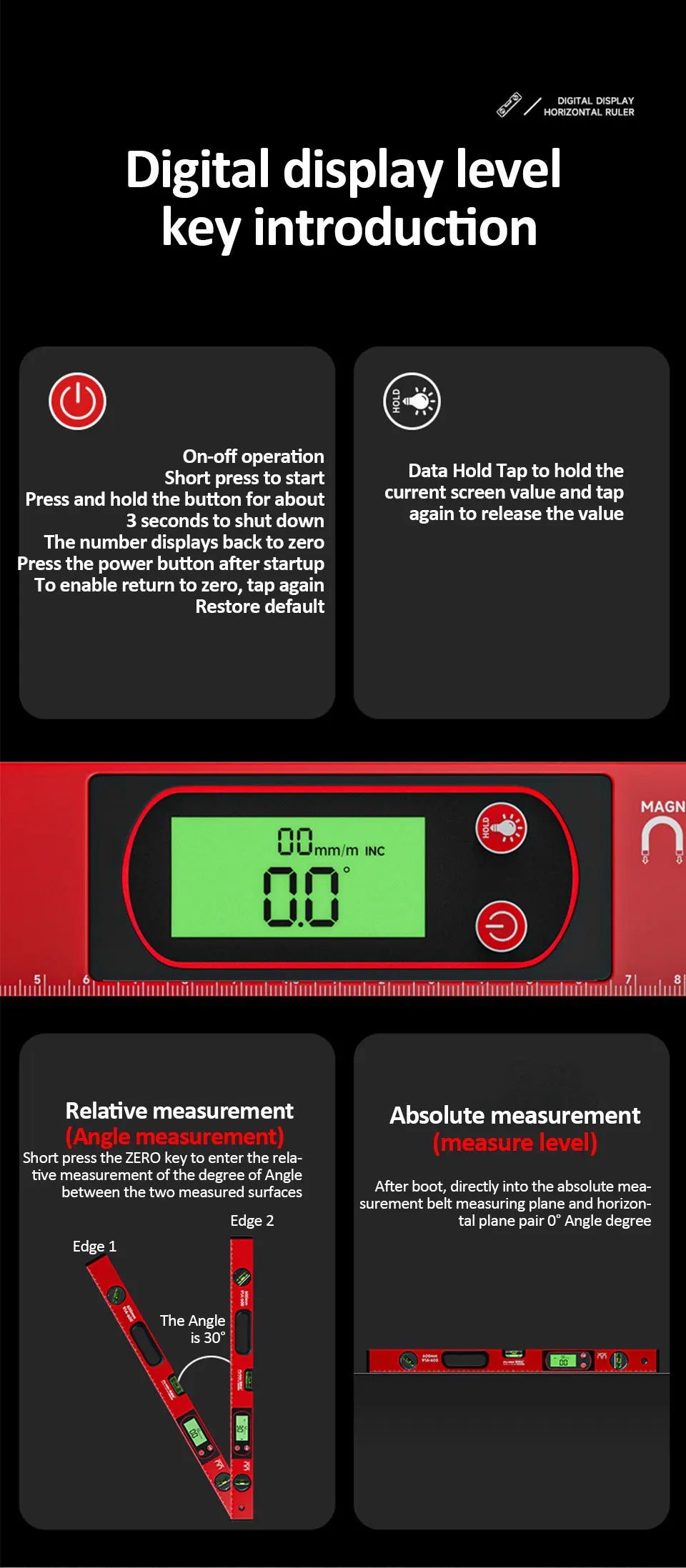 30/40/50cm Digital Display Magnetic Angle Level — Aluminum Alloy Protractor Inclinometer Ruler 90° Measurement Tool