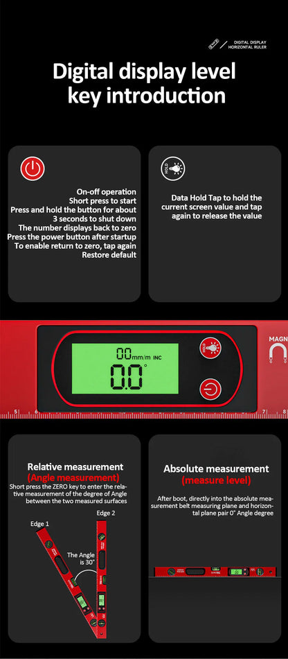30/40/50cm Digital Display Magnetic Angle Level — Aluminum Alloy Protractor Inclinometer Ruler 90° Measurement Tool