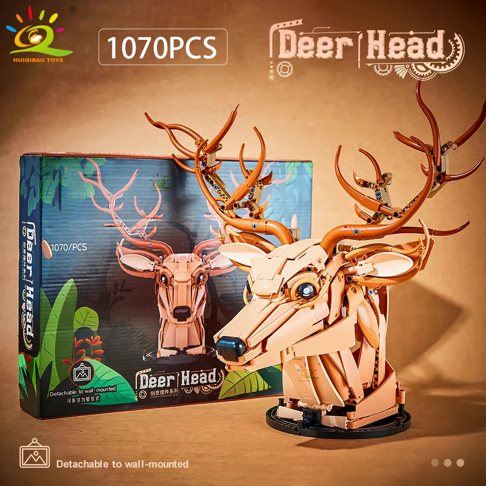 HUIQIBAO MOC Animal Head Building Blocks — Wolf, Deer & Eagle Wall Decor Sculpture Toy