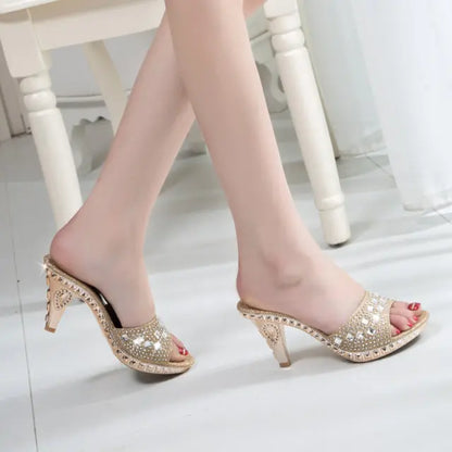 Women’s Summer Rhinestone High Heel Sandals – Sexy Gold & Silver Heeled Shoes