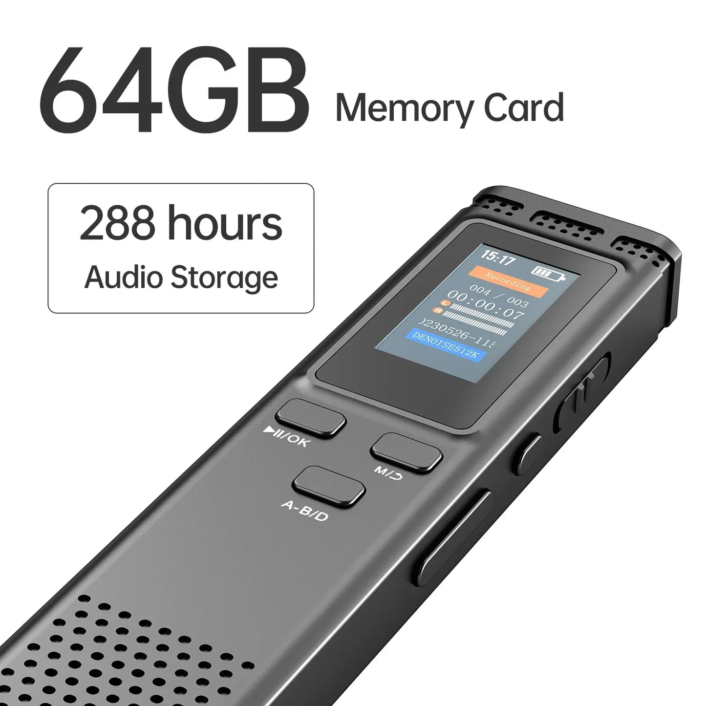 Digital Voice Recorder 64GB/16GB/8GB | Voice Activated Audio Recording, Noise Reduction, MP3 Playback, 288hrs