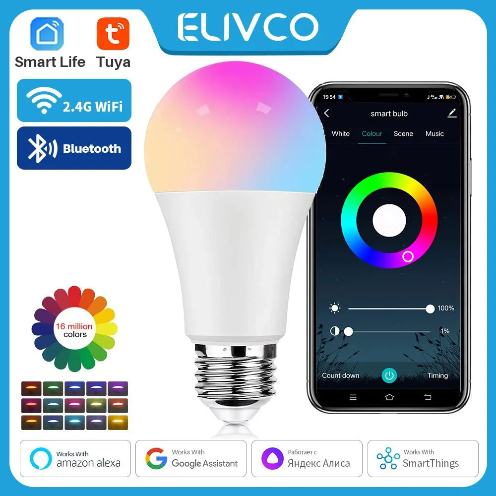 Tuya Smart Bulb E27 WiFi/Bluetooth Dimmable LED Light - RGBCW 100-240V - App Control Compatible with Alexa, Google Home