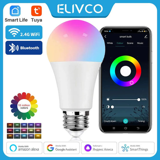 Tuya Smart Bulb E27 WiFi/Bluetooth Dimmable LED Light - RGBCW 100-240V - App Control Compatible with Alexa, Google Home