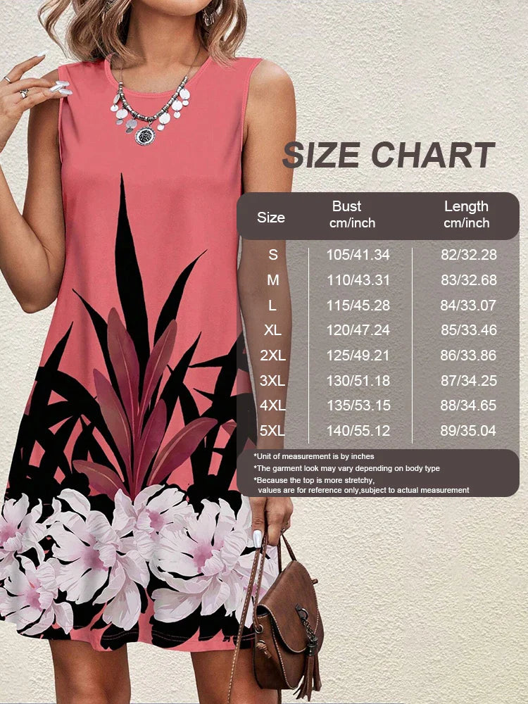 2025 Summer Women’s Sleeveless Knee-Length Dress – Floral Printed Casual Beach Vacation Outfit