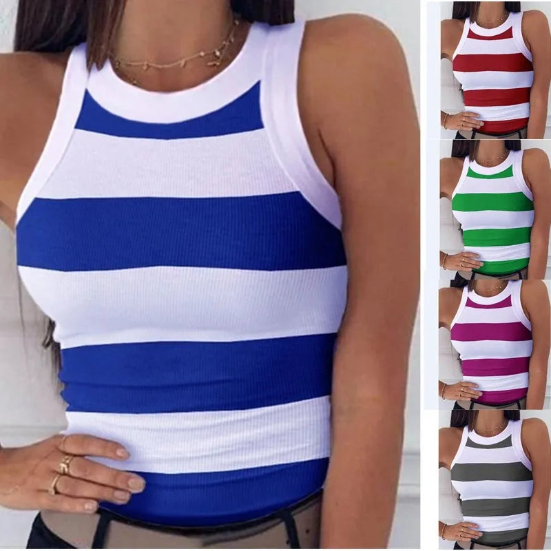 Women’s Summer Elastic Racerback Tank Top – O-Neck Stripe Print Sleeveless Basic Digital Print Sexy Casual T-Shirt