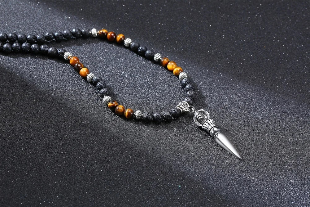 Men's Tibetan Phurba Kilaya Necklace – Tiger’s Eye & Lava Stone Spiritual Dagger Jewelry