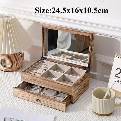 Vintage Solid Wood Jewelry Box – Two-Layer Necklace & Earring Display with Mirror