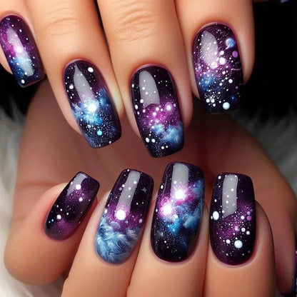 24pcs Blue Golden Stripe Press-On Nails Shiny Powder Long Square Full Cover False Nail Tips Wearable Love Design