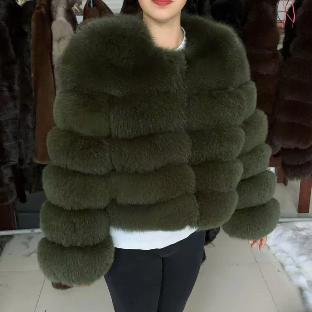 QUEENTINA Women’s Real Fox Fur Coat – Brown Leather & Skin Winter Fashion Outerwear 2025