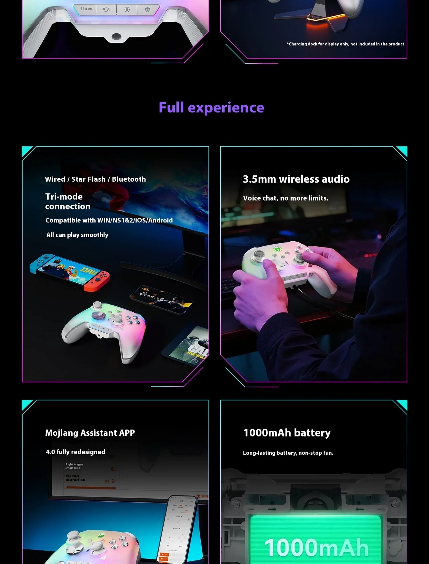 Bigbigwon Rainbow3 Wireless Game Controller Charging Base – RGB Magnetic Dock for PC Gaming