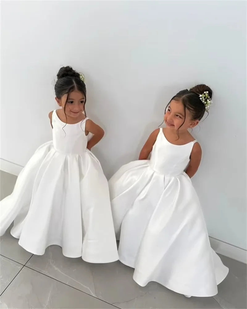 Lovely Satin Flower Girl Dress - Fluffy Bow Wedding & Birthday Party Gown for Kids