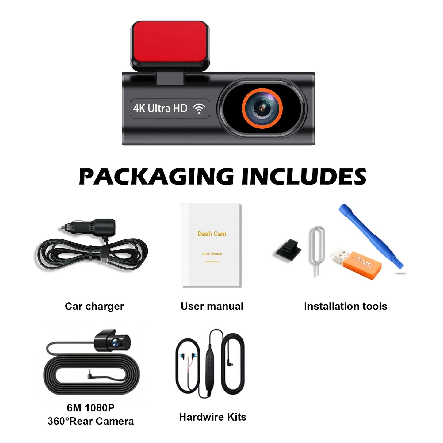 Aprilboy K6 4K WIFI Dash Cam - Front & Rear Dual Lens, 1080P Night Vision, Parking Monitor, Mini Car DVR