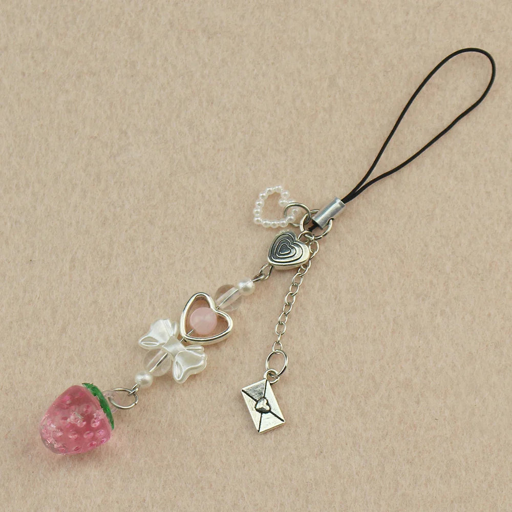 Ai Yazawa Nana Anime Heart & Strawberry Phone Charm Keychain – Y2K Handmade Jewelry