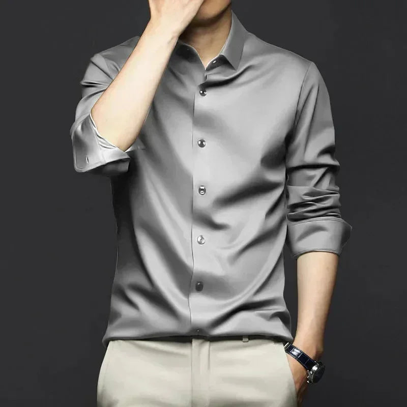 Men’s Luxury White Dress Shirt - Wrinkle-Resistant Ice Silk Glossy Long Sleeve Business Casual Shirt S-6XL