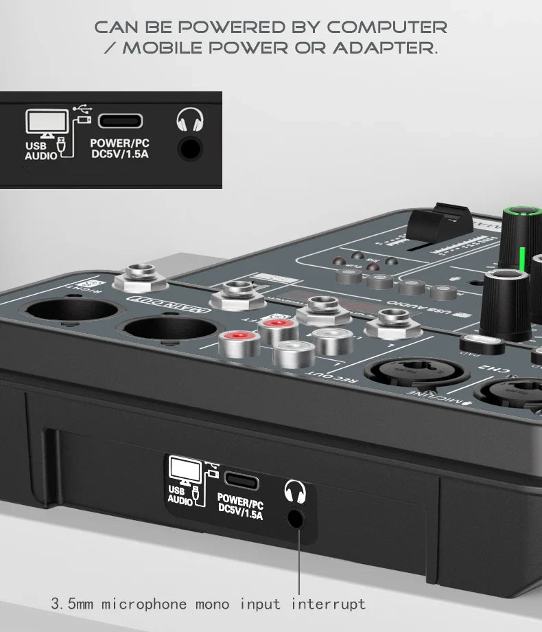 4-Channel Audio Mixer — USB Studio Mixer with 48V Phantom Power & Bluetooth for DJ & Karaoke