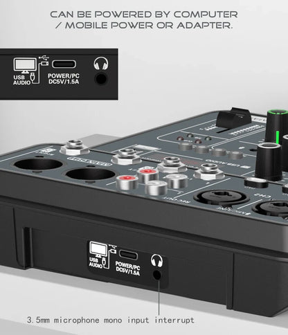 4-Channel Audio Mixer — USB Studio Mixer with 48V Phantom Power & Bluetooth for DJ & Karaoke