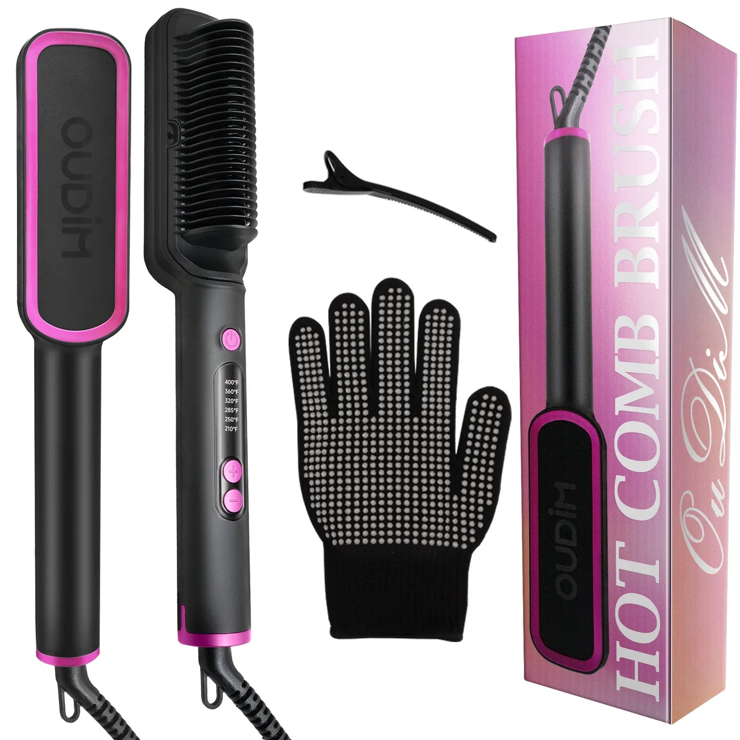 OUDIM Hair Straightener Brush – Ionic Flat Iron with 6 Temperature Settings, Anti-Scald Hair Styling Tool for Women