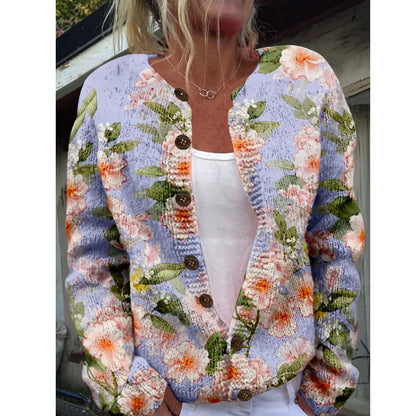 Women’s 3D Print Knitted Cardigan – Thin Vintage Sweater Autumn Winter Chic Knit Top Casual Streetwear