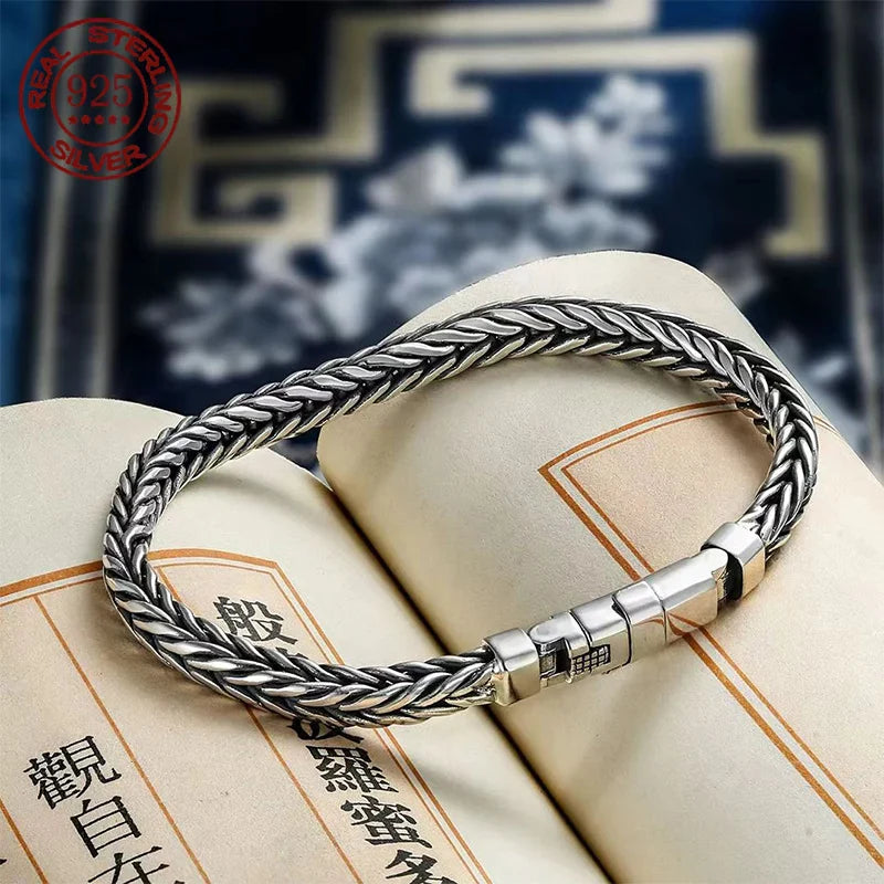100% S925 Sterling Silver Handmade Woven Bracelet — Retro Domineering Style for Men & Women, Pure Silver Jewelry