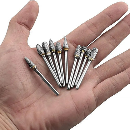 10pcs Carbide Burr Set - Double Cut Rotary Files for Woodworking & Carving, Tungsten Steel Milling Cutters