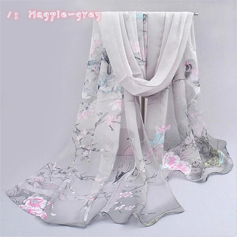 Women’s Chiffon Scarf – Long Butterflies & Branch Pattern Shawl, Elegant Versatile Retro Fashion Accessory