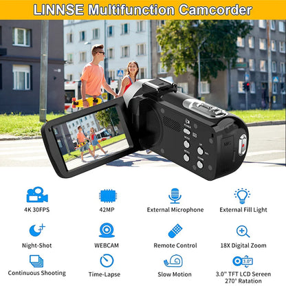 4K Digital Video Camera – 42MP 2-in-1 Photo & Video Camcorder, 18X Zoom, 3.0-inch Rotatable Screen, High Definition